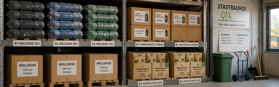 monkey-packaging-Lagerraum eines Stadtbauhofs — ordentlich gestapelte Kartons Müllsäcke und Hundekotbeutel-Nachfüllpackungen auf Regalen, beschriftete Lagerplätze