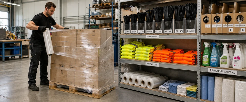 Palettenumwicklung mit Stretchfolie in einer Produktionshalle – Verpackungs- und Betriebsmaterial für die allgemeine Industrie