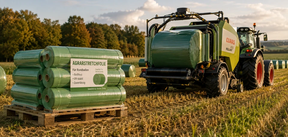 Silageballen in Agrarstretchfolie neben palettierter Folienlieferung – Verpackungs- und Schutzmaterial für die Landwirtschaft