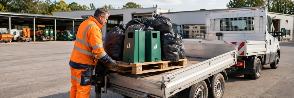 monkey-packaging Städtischer Bauhof — Mitarbeiter lädt Palette mit Müllsäcken und Hundekotbeutel-Spendern auf einen Kommunalfahrzeug-Anhänger