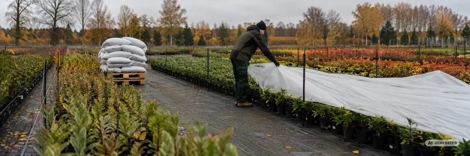 monkey-packaging-Frostschutzvlies-wird-in-einer-Baumschule-ueber-Containerpflanzen-ausgelegt--Verpackungs-und-Schutzmaterial-fuer-den-Gartenbau