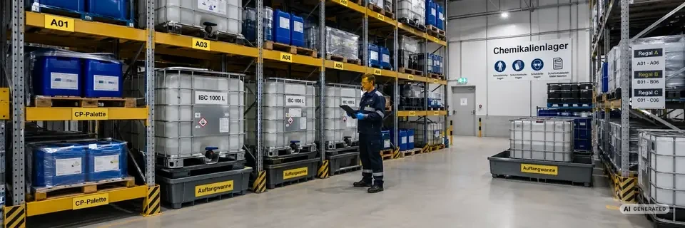 monkey-packaging-IBC-Container-und-CP-Paletten-auf-Auffangwanne-in-einem-Chemiebetrieb--Verpackungs-und-Sicherheitsloesungen-fuer-die-chemische-Industrie