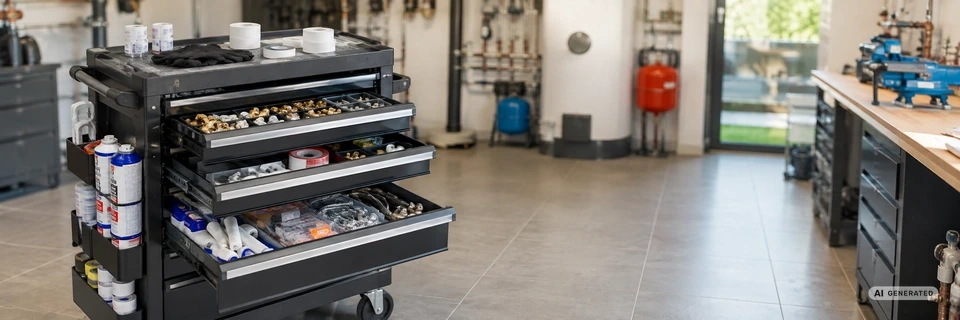 monkey-packaging-Sortiertes-SHK-Verbrauchsmaterial-im-Werkstattwagen-eines-Installateurs--Material-fuer-SHK-Fachbetriebe