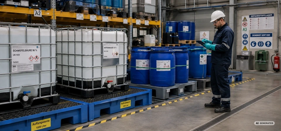 monkey-packaging-Standardisiertes-Lager-eines-Chemieunternehmens-mit-CP-Paletten-und-Auffangwannen-von-Monkey-Packaging